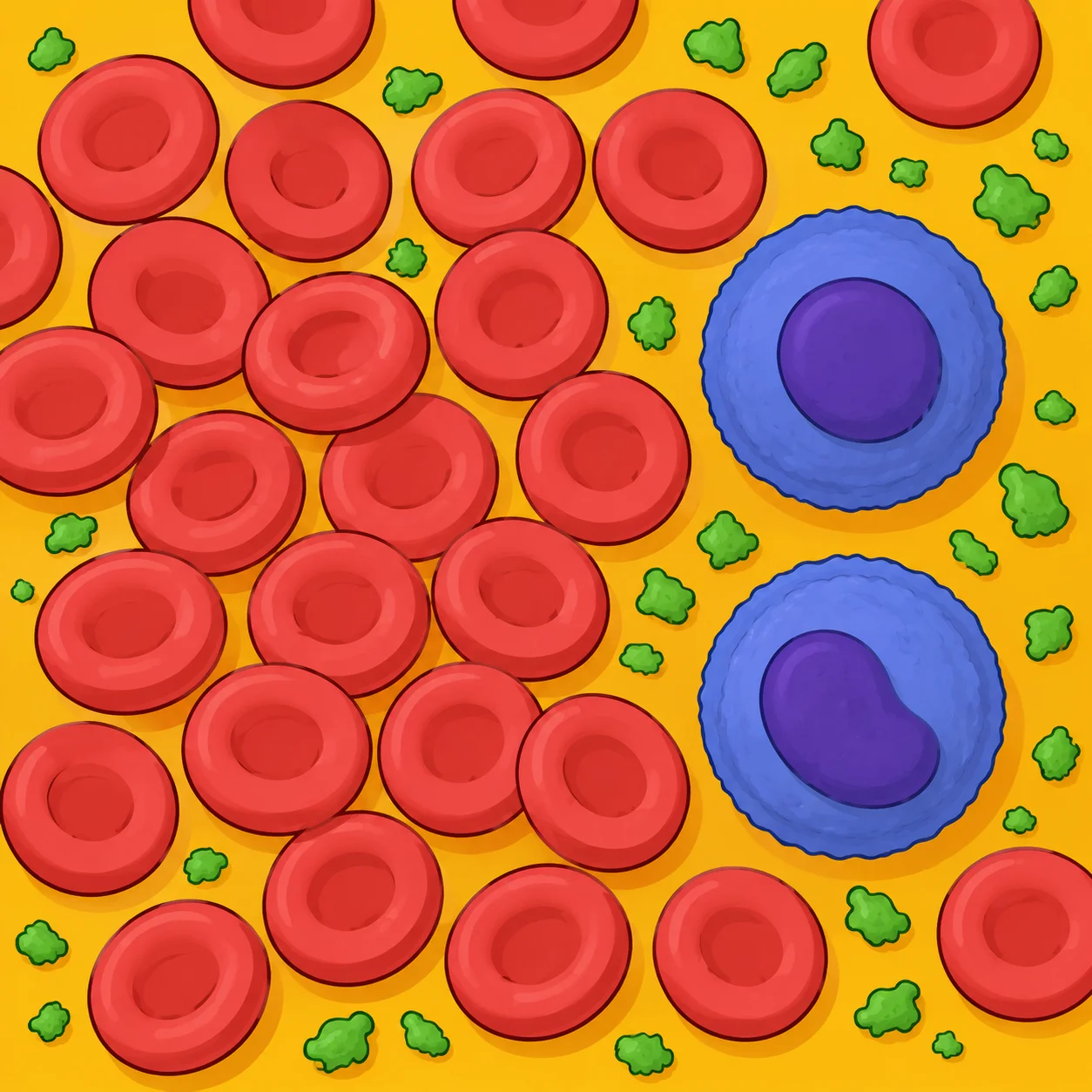 Blood smear microscope view showing the four components of blood — plasma, red blood cells, white blood cells, and platelets