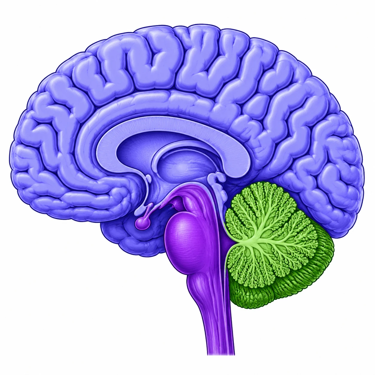 Cross-section of a human brain showing the cerebral cortex, cerebellum and medulla oblongata
