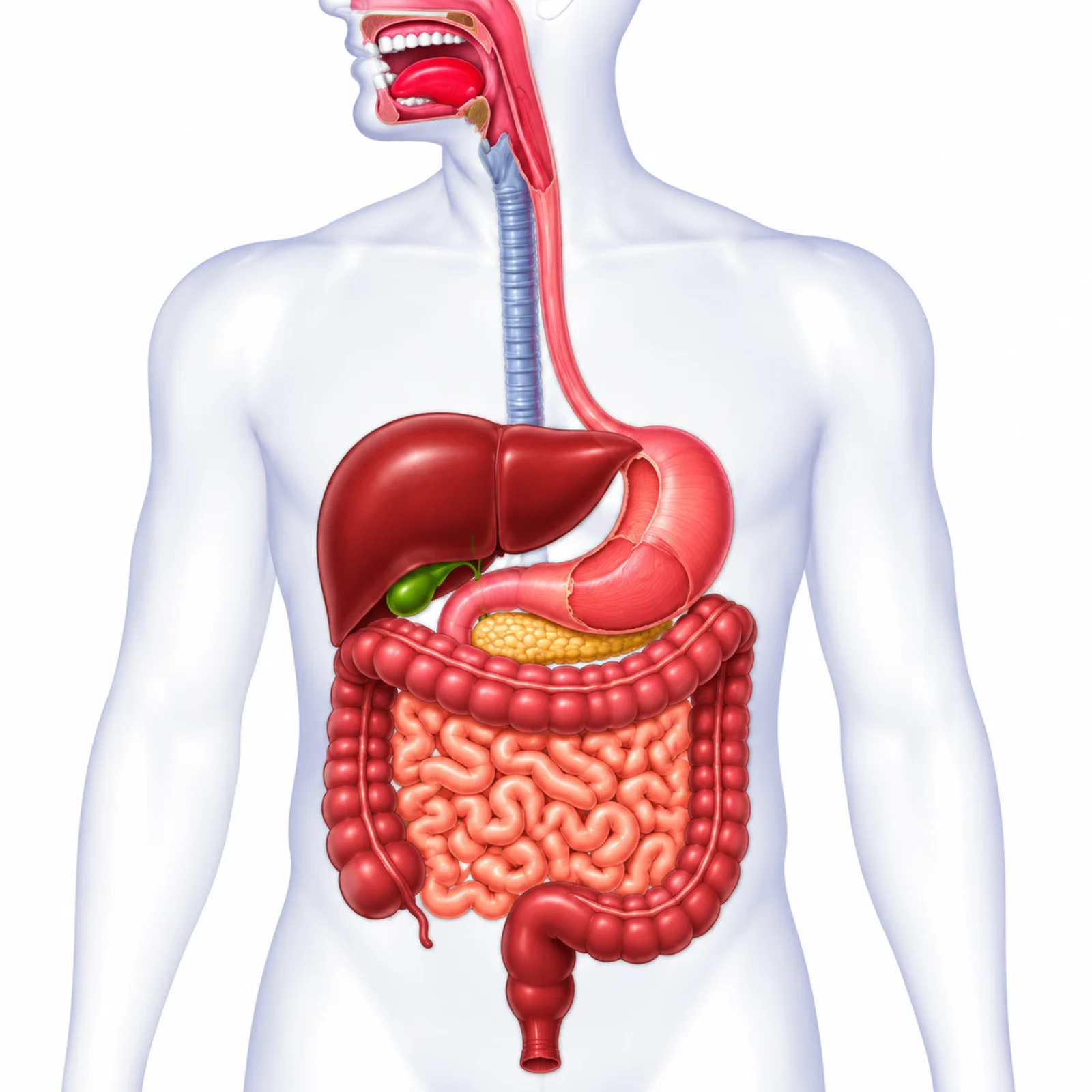 Frontal view of the human body showing all major digestive organs: mouth, oesophagus, liver, gall bladder, stomach, pancreas, small intestine, and large intestine