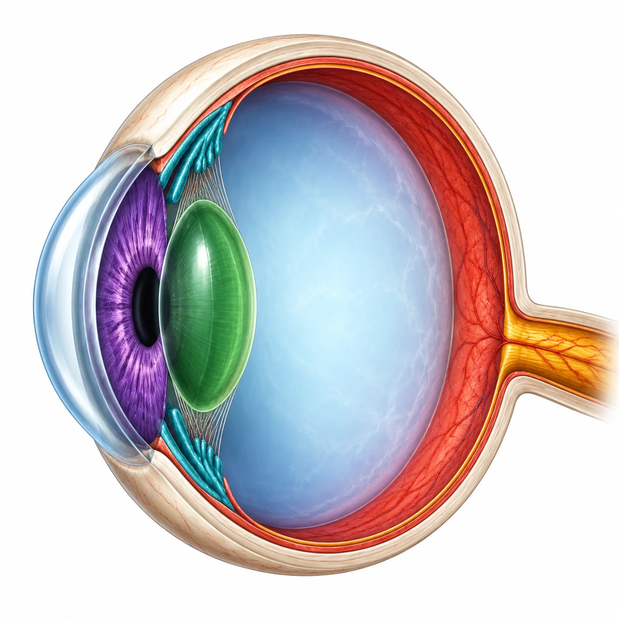 Cross-section of the human eye showing cornea, iris, pupil, lens, ciliary muscle, retina and optic nerve