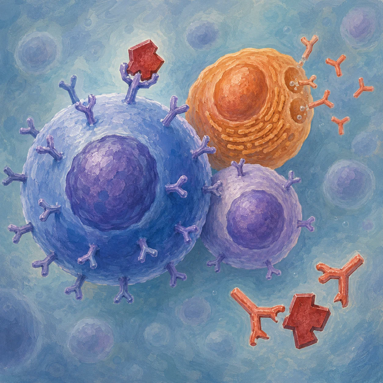 Adaptive immune response: B lymphocyte with bound antigen, plasma cell secreting antibodies, memory B cell, and free antibodies binding antigens