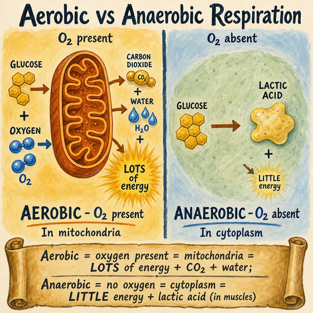 Painted side-by-side comparison of aerobic versus anaerobic respiration. LEFT (aerobic, warm-amber background, O2 present): glucose + oxygen enter a painted mitochondrion, producing carbon dioxide, water, and a LARGE energy burst — labelled 'In mitochondria'. RIGHT (anaerobic, cool-blue background, O2 absent): glucose enters the cytoplasm zone producing lactic acid and a SMALL energy burst — labelled 'In cytoplasm'. Parchment summary lists the trade-off: aerobic = lots of energy + CO2 + water; anaerobic = little energy + lactic acid in muscles.