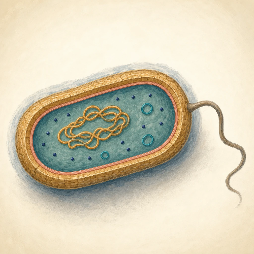 Painted cross-section of a bacterial cell with 7 labelled structures: cell wall, cell membrane, cytoplasm and ribosomes, chromosomal DNA, plasmids, flagellum, capsule.