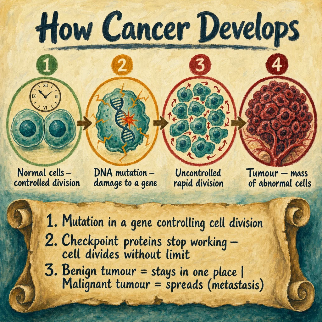 Painted 4-stage cancer progression: (1) normal cell with controlled division, (2) DNA mutation occurs, (3) uncontrolled rapid division begins, (4) tumour forms as disorganised mass of abnormal cells. Parchment summary covers benign vs malignant.