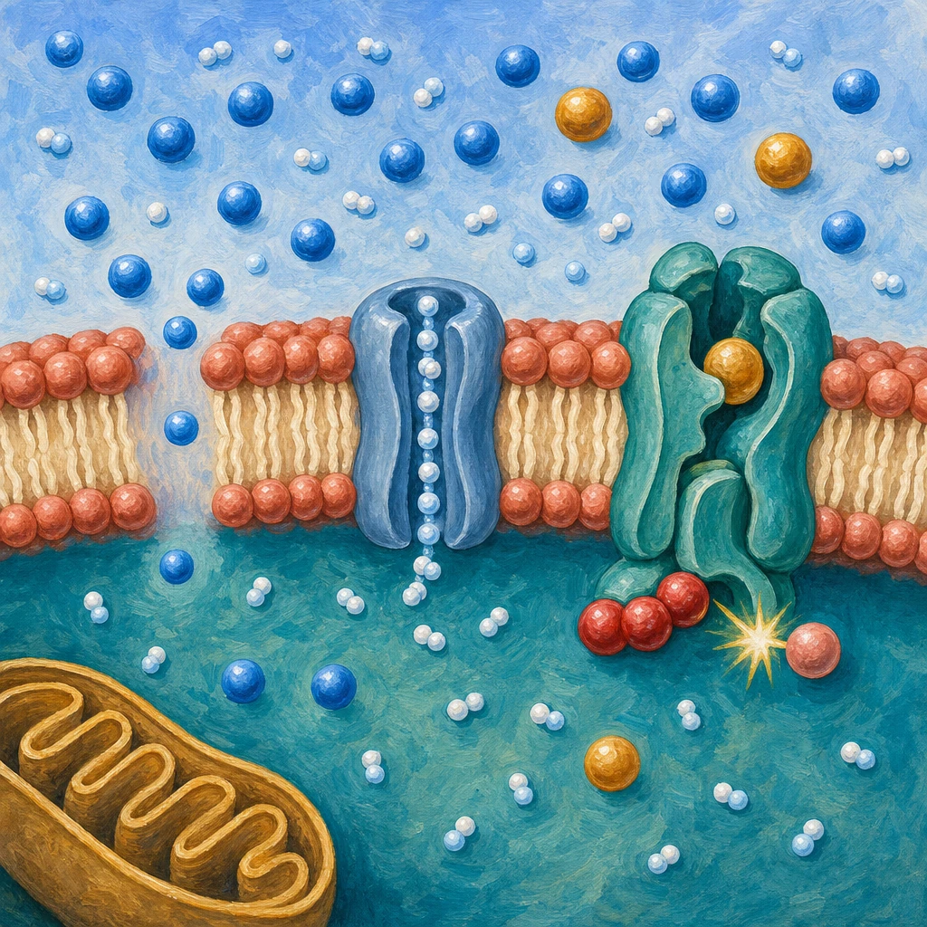 Painted membrane cross-section showing the three transport mechanisms simultaneously: diffusion (small molecules crossing freely through the bilayer), osmosis (water moving through aquaporin channels), and active transport (ATP-powered pumps moving particles against the gradient).