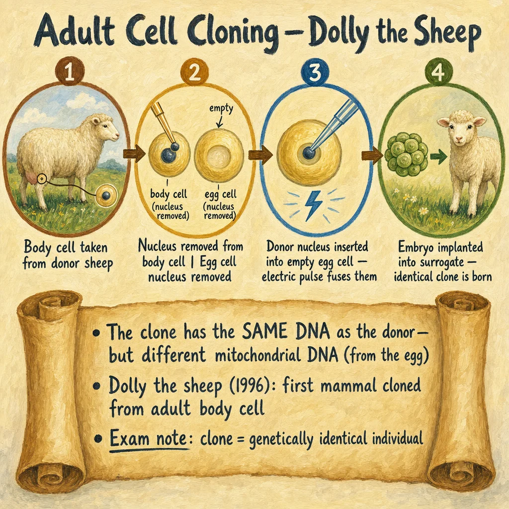 Painted 4-stage adult cell cloning (Dolly the sheep): (1) body cell extracted from donor sheep, (2) nucleus removed from the body cell, (3) donor nucleus inserted into empty egg cell from a different sheep, (4) embryo develops into a young sheep genetically identical to the donor.