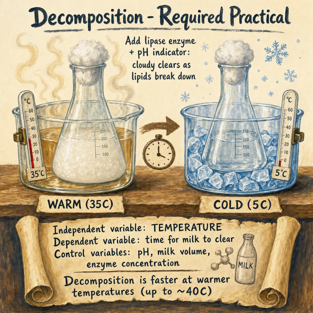 Painted lab apparatus for the decomposition required practical: two conical flasks side by side, each with a cotton wool plug and containing cloudy milk with lipase enzyme and a pH indicator. LEFT flask sits in a warm water bath at 35°C with steam rising. RIGHT flask sits in an ice bath at 5°C with snowflakes drifting. Painted parchment lists the experimental design — independent variable: temperature; dependent variable: time for milk to clear; control variables: pH, milk volume, enzyme concentration. Decomposition is faster at warmer temperatures up to around 40°C.