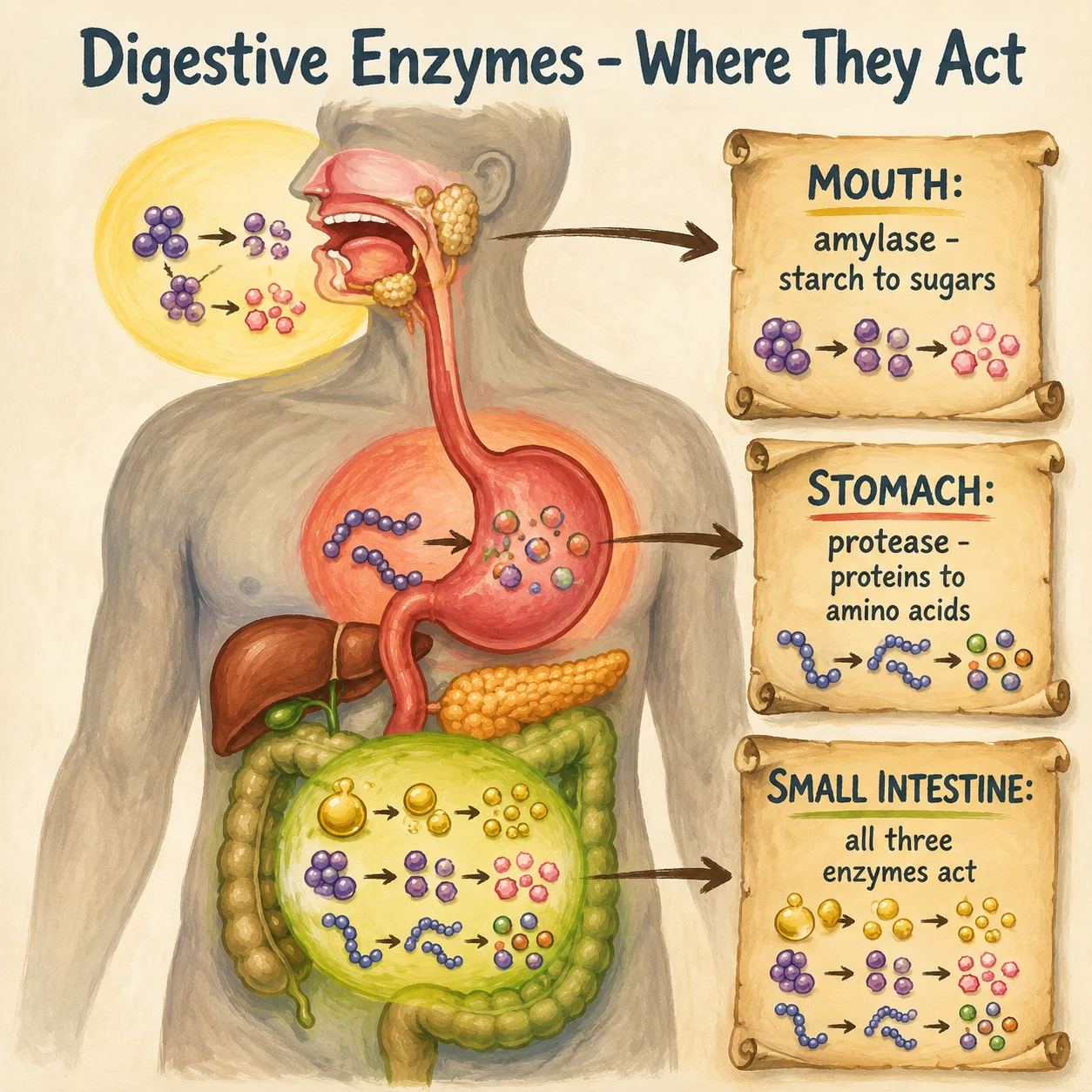 Painted human torso with three highlighted enzyme zones: mouth (amylase breaking starch into sugars), stomach (protease breaking proteins into amino acids), small intestine (amylase + protease + lipase all active, plus painted pancreas).