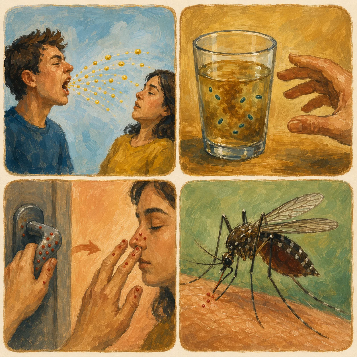 Painted 2x2 grid showing four routes of disease transmission: airborne (person sneezing droplets toward another), water (contaminated water containing pathogens), contact (hand touching contaminated surface then face), and vector (mosquito biting skin and transferring pathogens). Each route shown with distinct background tint.