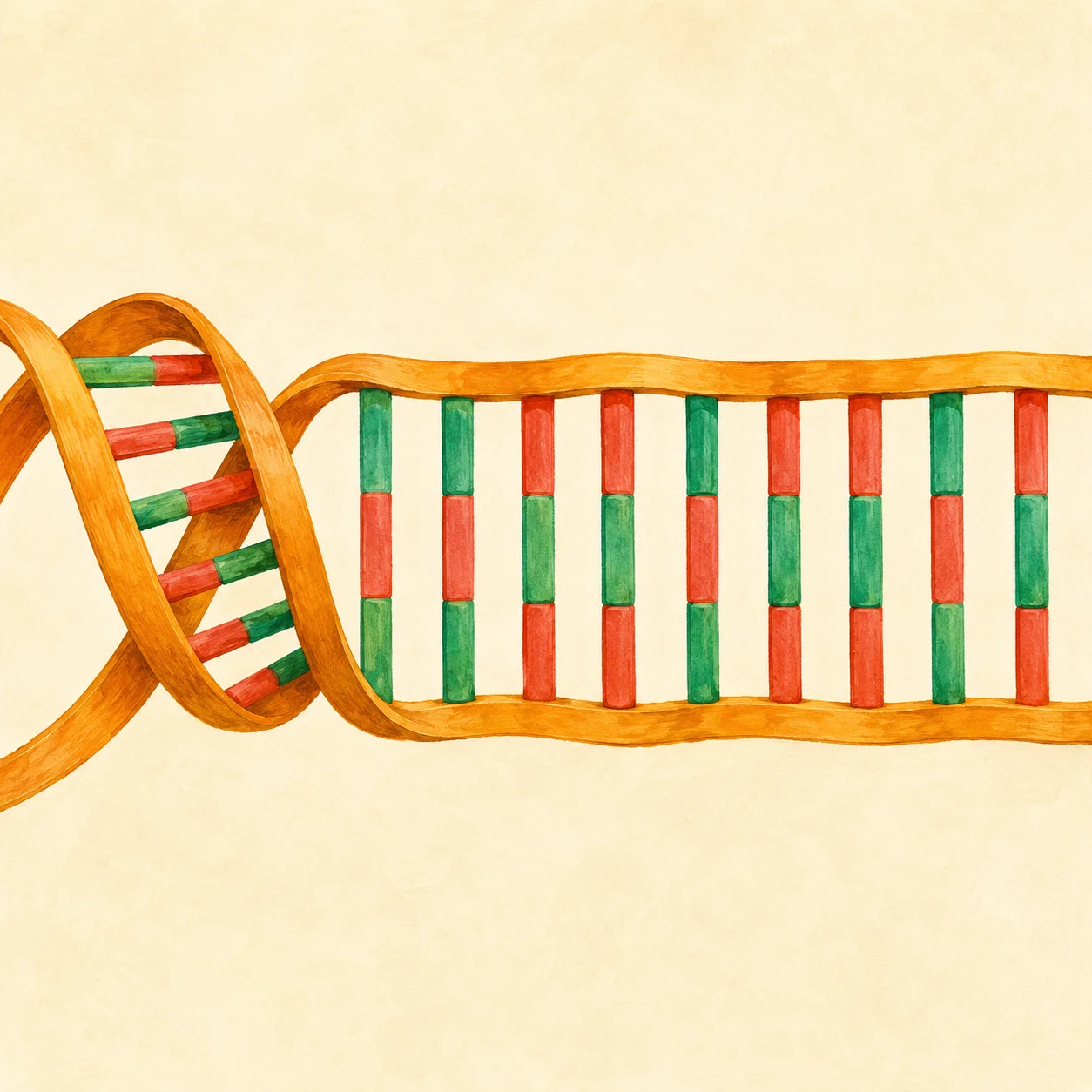 DNA double helix shown partly twisted on the left and unwound into a ladder on the right, with labelled hotspots for the key structures