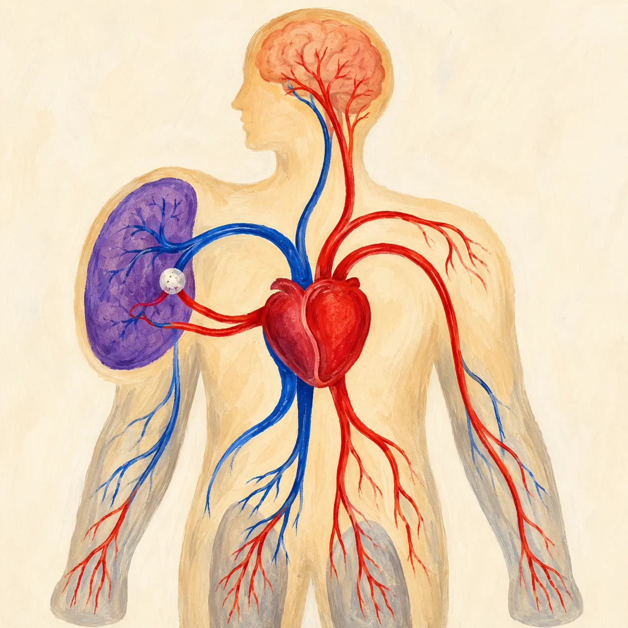 Painted anatomical diagram of the human double circulatory system: heart at centre with a pulmonary loop on the left (blue deoxygenated vessels to the lung, red oxygenated vessels returning) and a systemic loop on the right (red oxygenated vessels to the head and body, blue deoxygenated vessels returning). Red = oxygenated, blue = deoxygenated throughout.