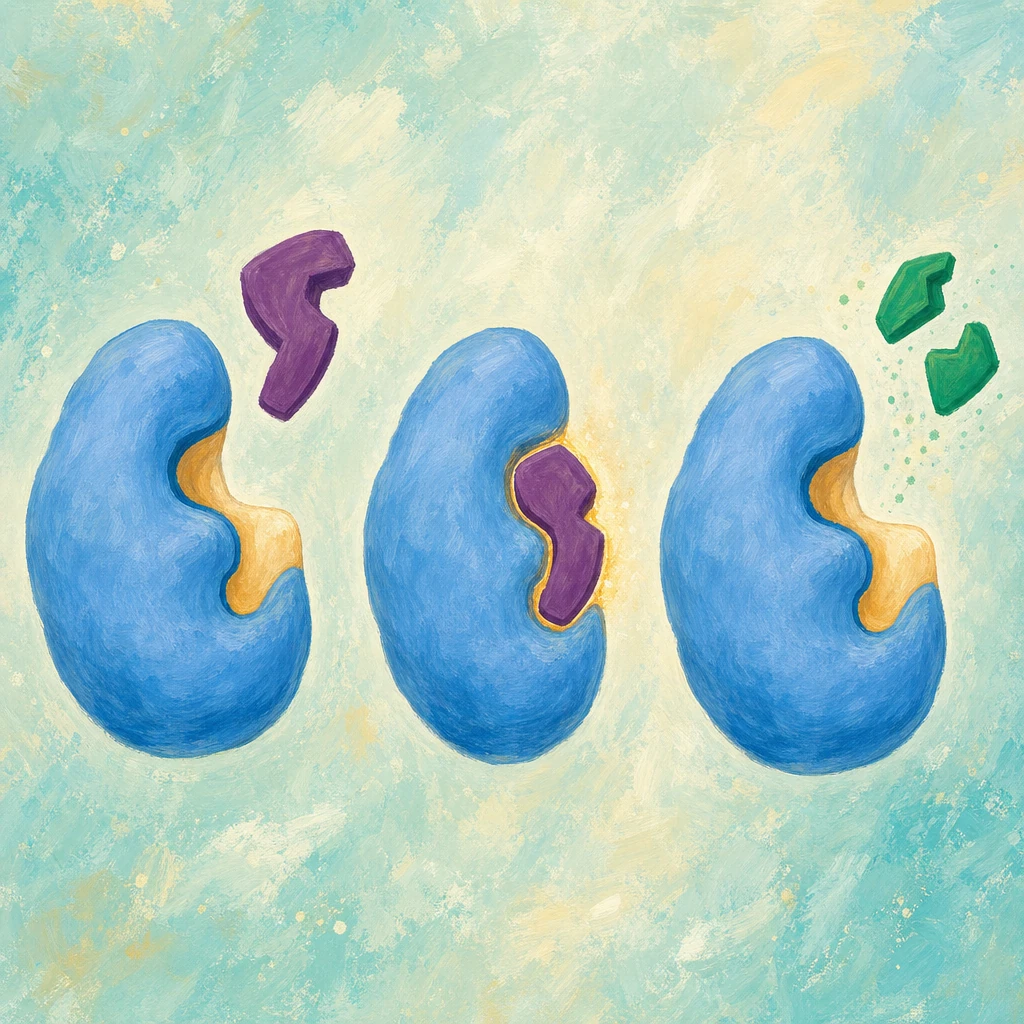 Painted lock-and-key mechanism in three states: enzyme with empty active site, enzyme-substrate complex, and products released. Five hotspots cover active site, ES complex, specificity, products release, and denaturation.