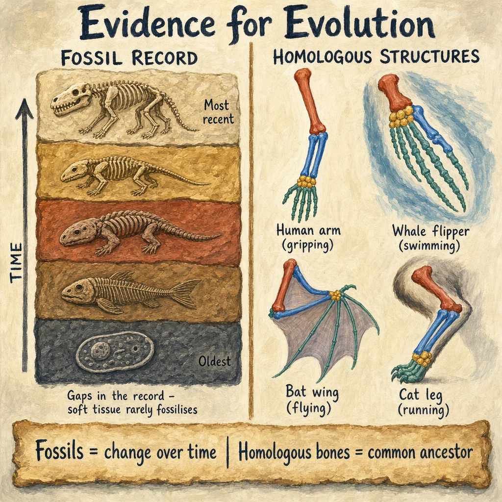 Painted evolution evidence: LEFT fossil record showing rock strata with progressively more complex fossils from bottom to top (bacteria, fish, amphibian, modern animal); RIGHT homologous structures showing human arm, whale flipper, bat wing, cat leg all with the same underlying bone pattern, suggesting common ancestry.
