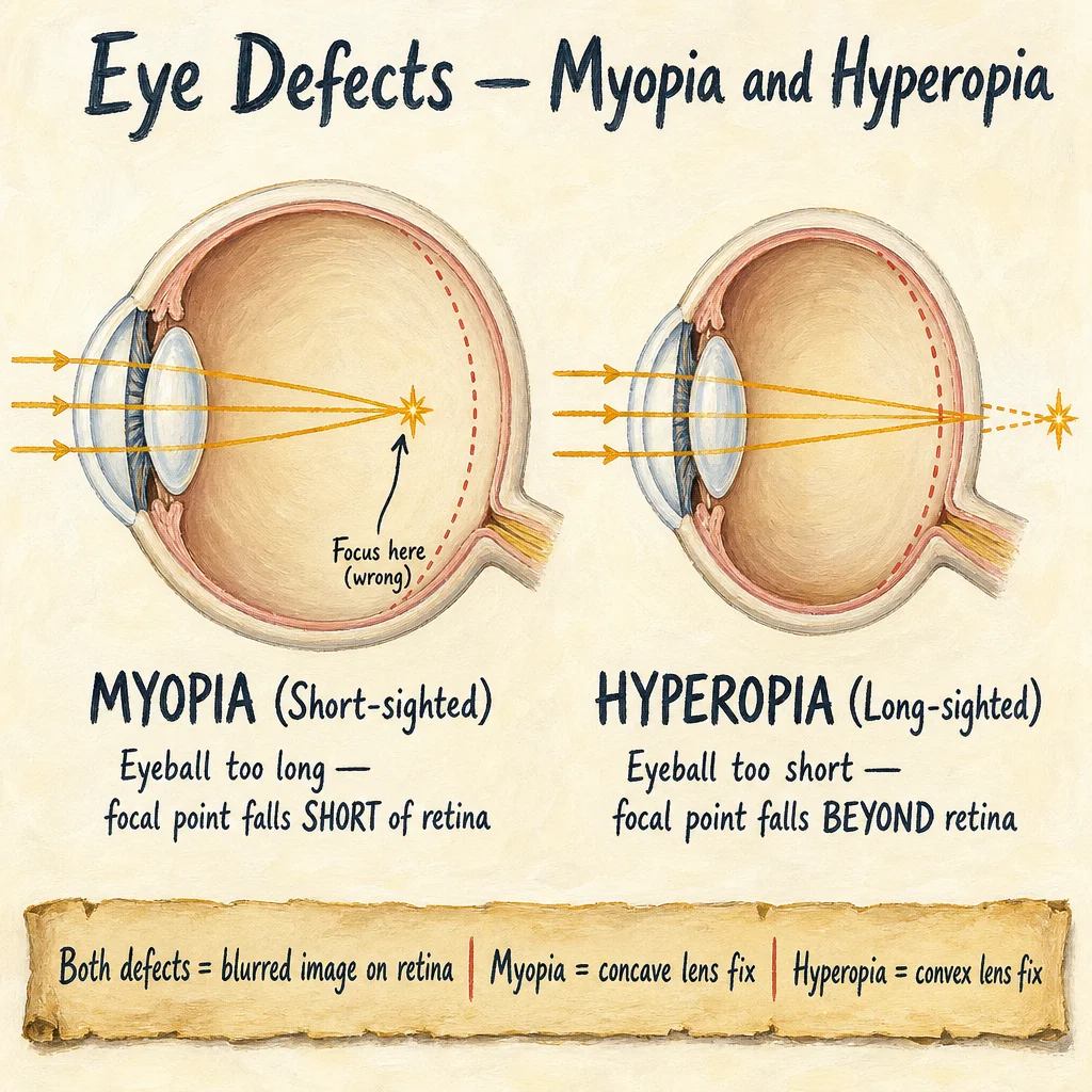 Painted side-by-side eye defect cross-sections: LEFT myopia (short-sighted, eyeball too long, light rays converge BEFORE retina); RIGHT hyperopia (long-sighted, eyeball too short, light rays converge AFTER retina). Painted cornea, lens, retina visible in each.