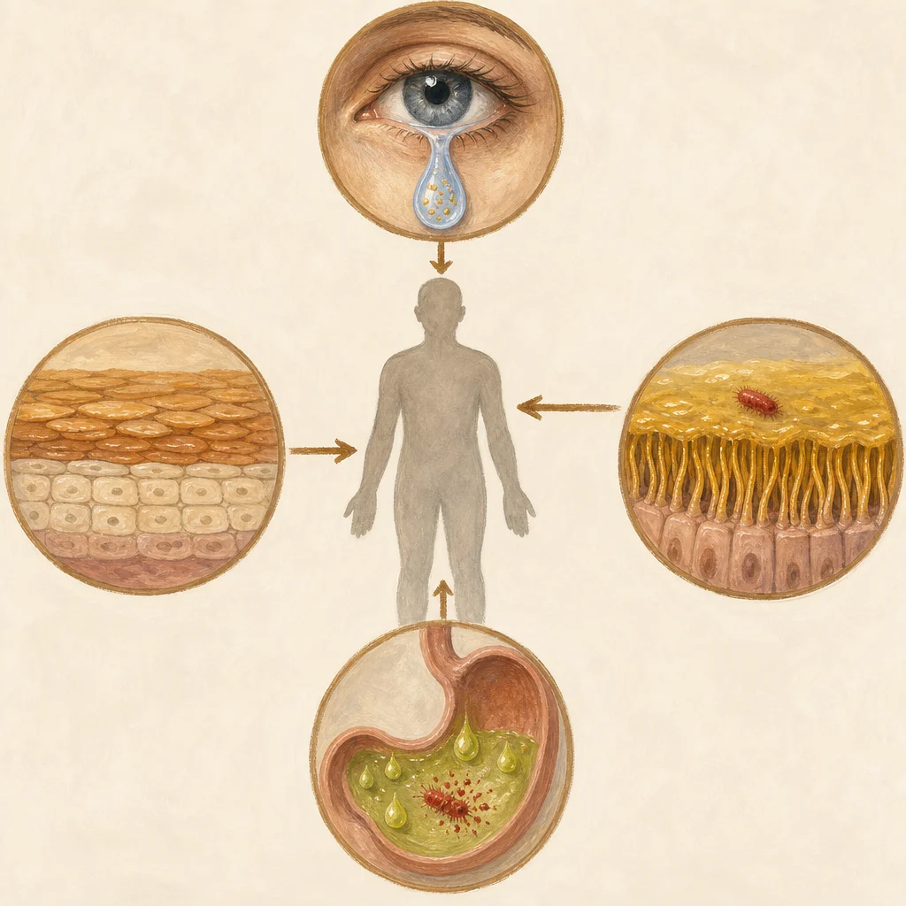 Painted illustration of the human body with four non-specific first-line defences shown as labelled vignettes around a body silhouette: tears with lysozyme enzyme (eye), cilia and mucus (airway), stomach acid (stomach), and skin barrier (cross-section). Each barrier blocks pathogens before they enter the body.
