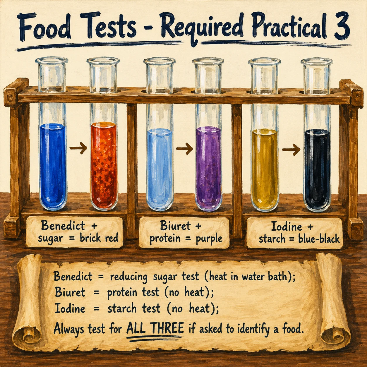 Painted required practical apparatus showing the three food tests: three pairs of test tubes on a wooden rack, each pair showing the before-and-after colour change. Benedict's test for reducing sugars (blue heated in water bath turns brick red). Biuret test for proteins (pale blue turns purple, no heating). Iodine test for starch (yellow-brown turns dark blue-black, no heating). Parchment notes that Benedict's requires water-bath heating while biuret and iodine do not, and to always test for all three when asked to identify an unknown food.