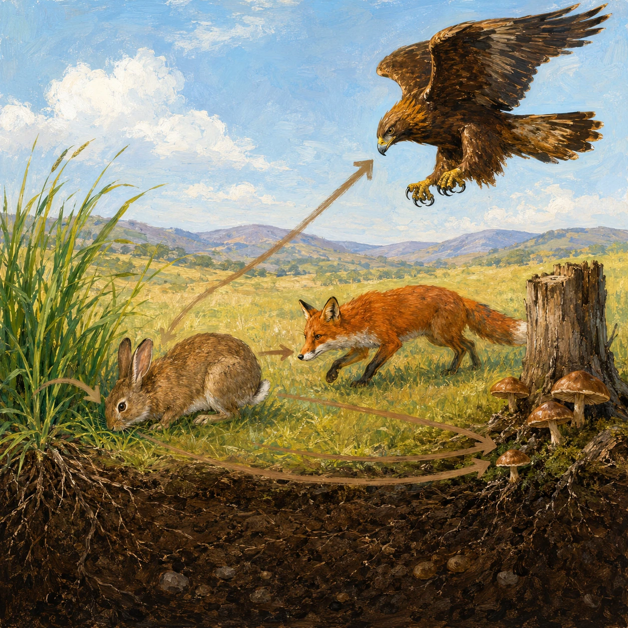 Painted meadow food web. Grass producer rooted in soil, rabbit grazing head-down at the grass, fox stalking with mouth open right behind the rabbit, eagle descending from upper-right with talons extended, mushrooms decomposing on a tree stump at far right. Painted sepia feeding arrows connect the organisms: grass to rabbit, rabbit to fox, rabbit to eagle, all converging on the decomposer.