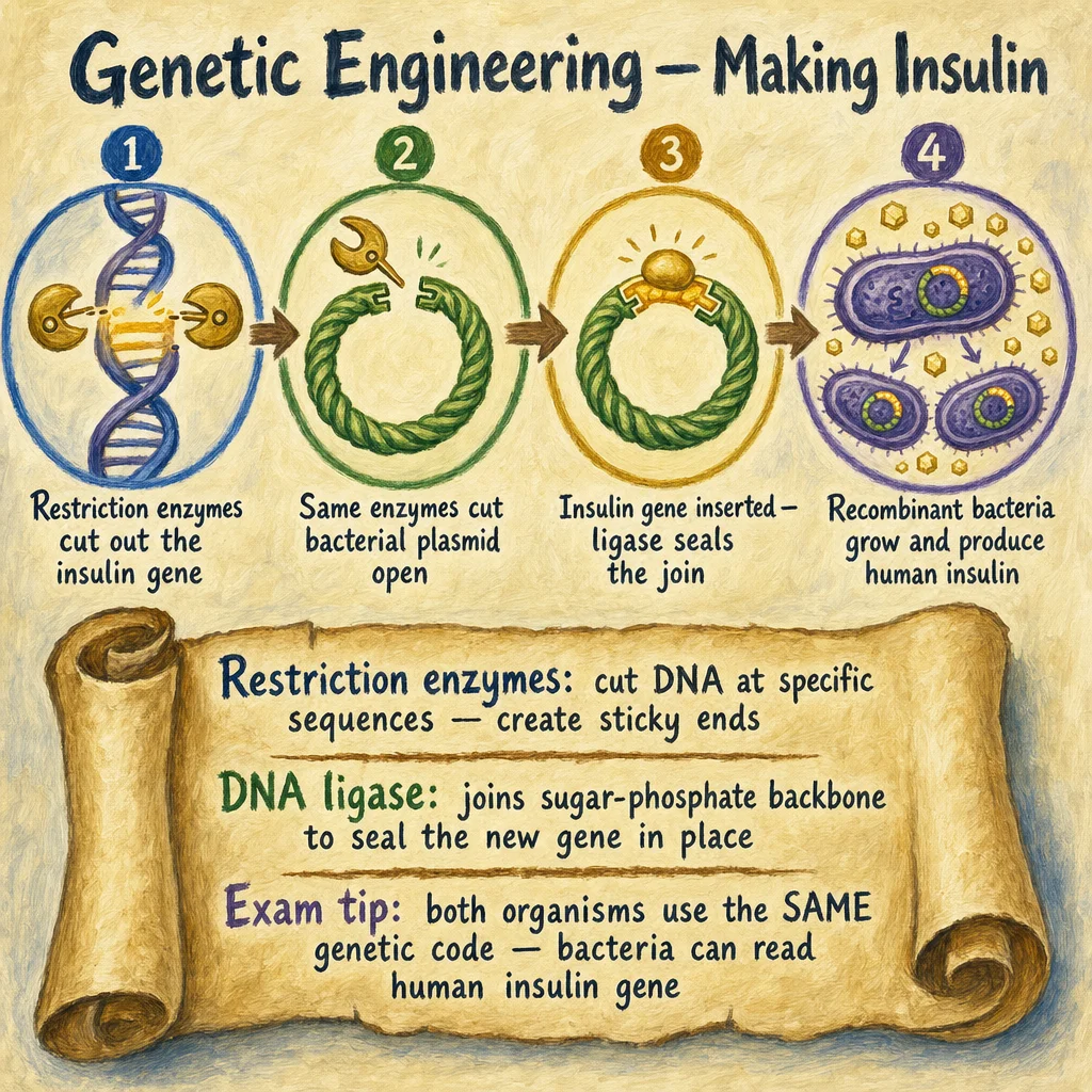 Painted 4-stage genetic engineering sequence for recombinant insulin: (1) human insulin gene cut from DNA with restriction enzymes, (2) bacterial plasmid cut at same site, (3) human gene inserted into plasmid and sealed with ligase, (4) recombinant bacteria divide and produce insulin.