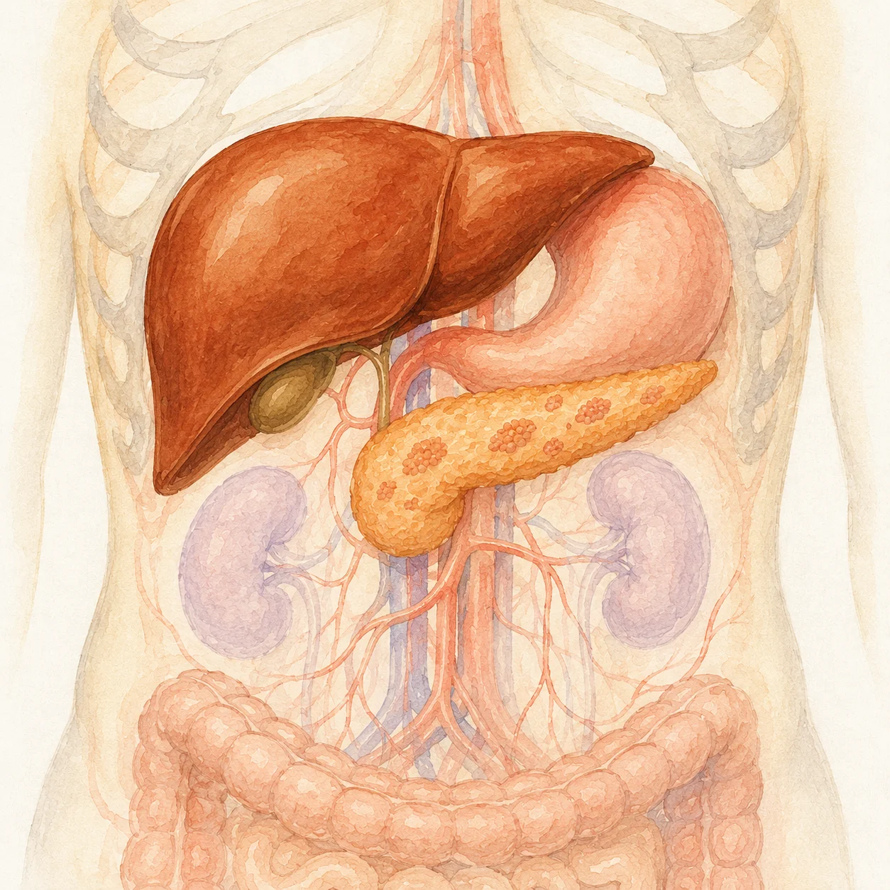 Painted view of pancreas and liver in a human torso. Beta cells in the islets of Langerhans release insulin; alpha cells release glucagon; insulin and glucagon together form a negative feedback loop. Type 1 and Type 2 diabetes are two different failures of this system.