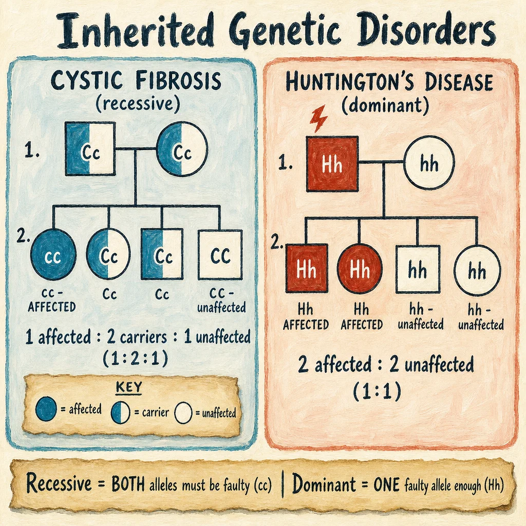 Painted comparison of two inherited disorders: LEFT cystic fibrosis (recessive pattern: two carrier parents with Cc genotype, offspring 1:2:1 ratio); RIGHT Huntington's disease (dominant pattern: one affected parent with Hh, offspring 1:1 affected vs unaffected). Family pedigree symbols painted as warm squares/circles.