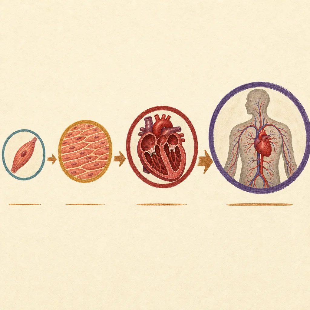 Painted progression showing the four levels of biological organisation as increasing-scale vignettes: a single muscle cell, then muscle tissue (many cells together), then a whole heart organ, then the cardiovascular organ system within a human torso. Each scale level is shown in a circular painted vignette connected by sepia flow arrows.