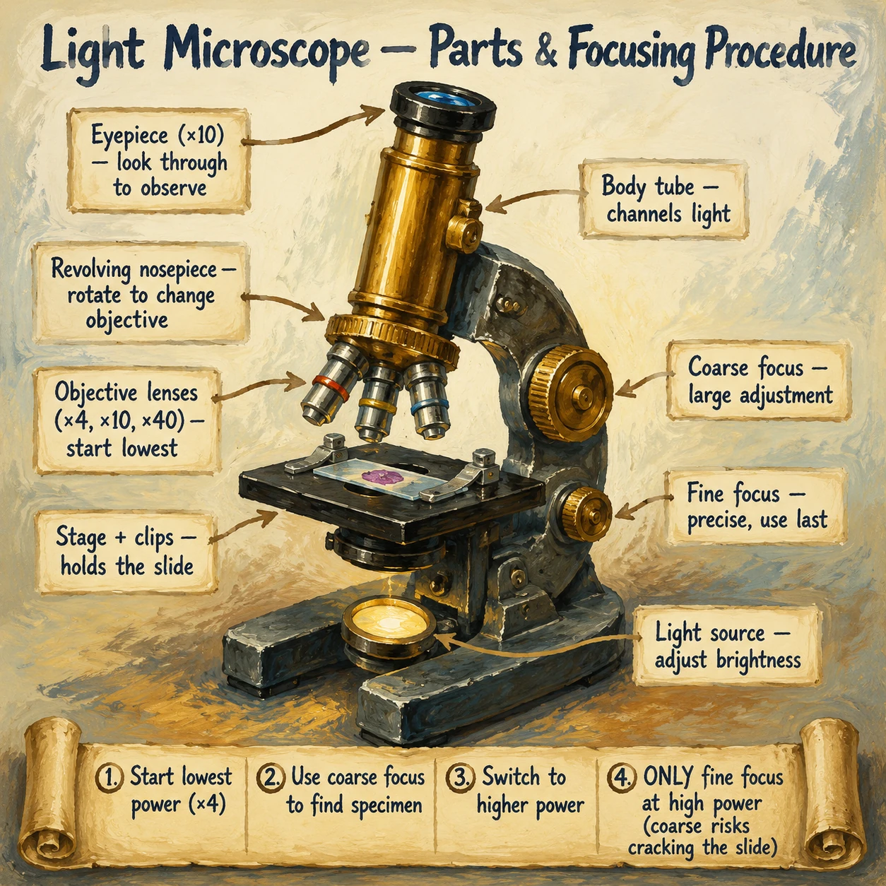 Painted light microscope with all 8 parts labelled and 4-step focusing procedure on parchment scroll below.