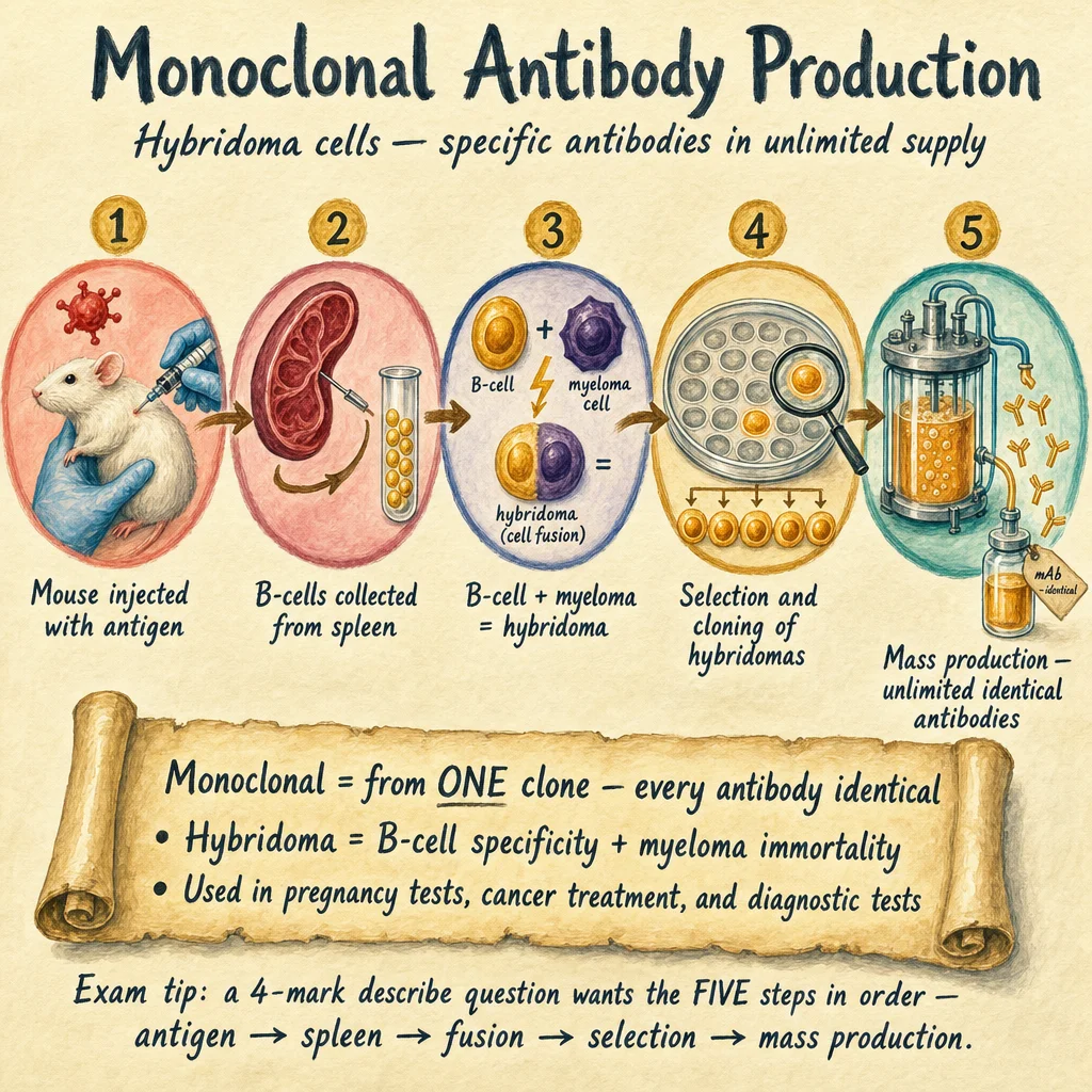 Painted 5-panel sequence showing monoclonal antibody production: (1) mouse injected with antigen, (2) B-cells collected from spleen, (3) B-cell fused with myeloma cell to form hybridoma, (4) selection and cloning of successful hybridomas, (5) mass production in a bioreactor yielding unlimited identical antibodies. Below the panels, a parchment summary states that monoclonal means from one clone and lists uses in pregnancy tests, cancer treatment, and diagnostic tests.