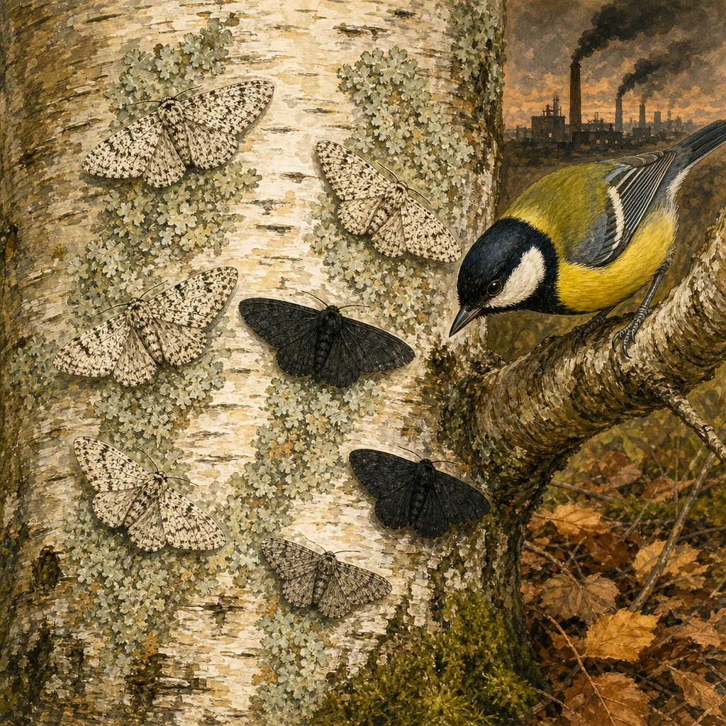 Painted naturalist illustration of peppered moths on birch bark — light speckled moths nearly invisible on lichen, dark melanic moths clearly visible, great tit bird hunting a dark moth, industrial chimneys in upper-right corner