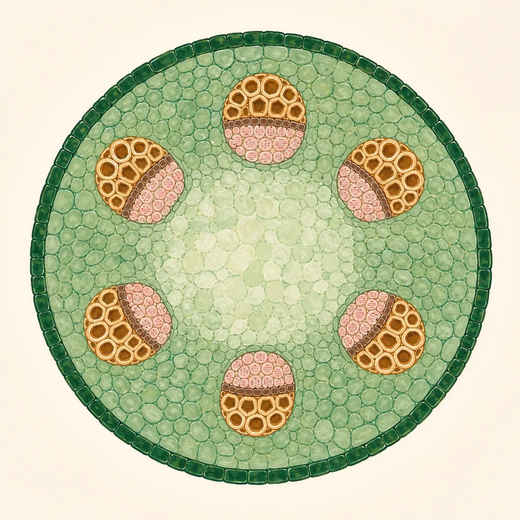 Painted dicot stem cross-section. Hotspots scoped to transpiration: xylem (the water-conducting tissue, central vascular bundles), phloem (sucrose for comparison, NOT transpiration), cortex (water pathway from roots to xylem), and stomata (in leaves — where water actually leaves the plant).