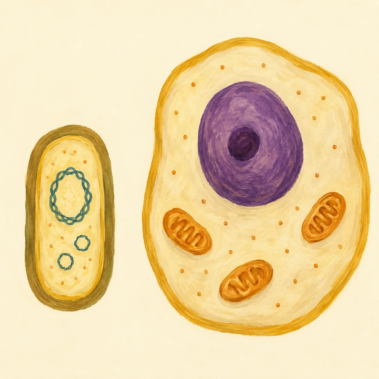 Painted comparison of a small prokaryotic bacterial cell (with cell wall, free chromosomal DNA loop, plasmids and ribosomes) next to a larger eukaryotic animal cell (with cell membrane, nucleus, mitochondria and ribosomes). The size difference highlights that prokaryotes are smaller and simpler.