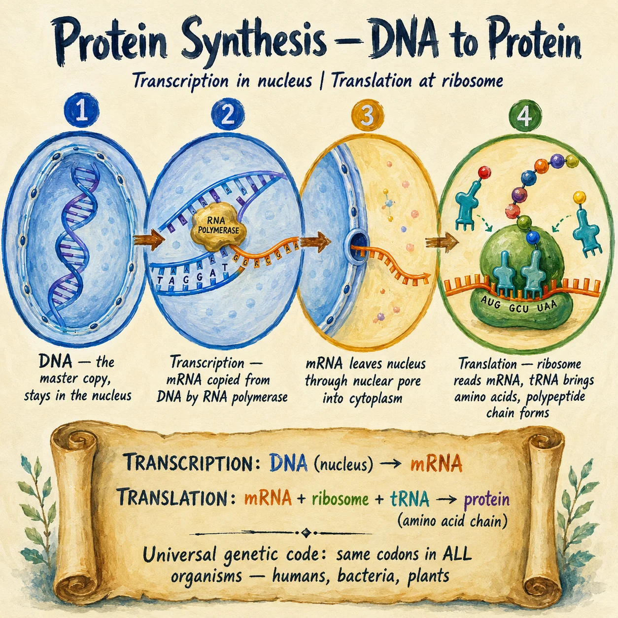 Painted 4-stage protein synthesis: (1) DNA double helix inside nucleus, (2) transcription where mRNA is copied from DNA template via RNA polymerase, (3) mRNA exits nucleus through nuclear pore, (4) translation at ribosome where tRNA brings amino acids that link into a growing polypeptide chain.