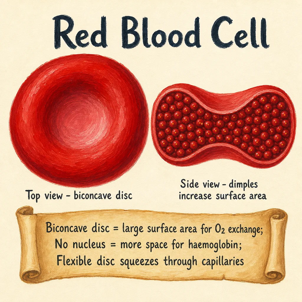 Painted red blood cell shown in top view (biconcave disc with central indent) and side cross-section (pinched-doughnut profile). Interior packed with haemoglobin molecules with amber iron centres. No nucleus, allowing maximum oxygen-carrying space.