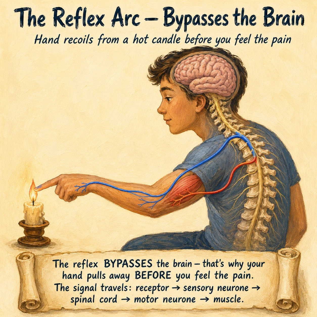 Painted reflex arc illustration: young person seated in profile touching a hot candle with extended index finger, brain visible in the head, spine running down the back, blue sensory neurone (afferent) and red motor neurone (efferent) painted inside the arm. Bottom parchment notes the reflex bypasses the brain. Tap any hotspot (receptor, sensory neurone, spinal cord, motor neurone, muscle) to explore that part of the arc — the spinal cord hotspot opens a detailed cross-section zoom showing the butterfly grey matter, relay neurone, and dorsal/ventral roots.