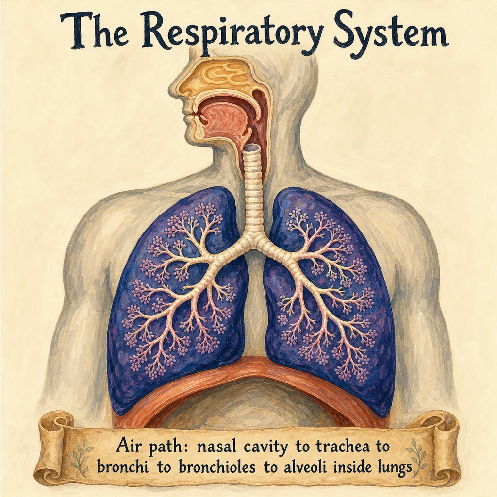 Painted respiratory system anatomy: nasal cavity, trachea with cartilage rings, bronchi branching into bronchioles, two deep-purple lungs filling the torso, and curved terracotta diaphragm at the base.