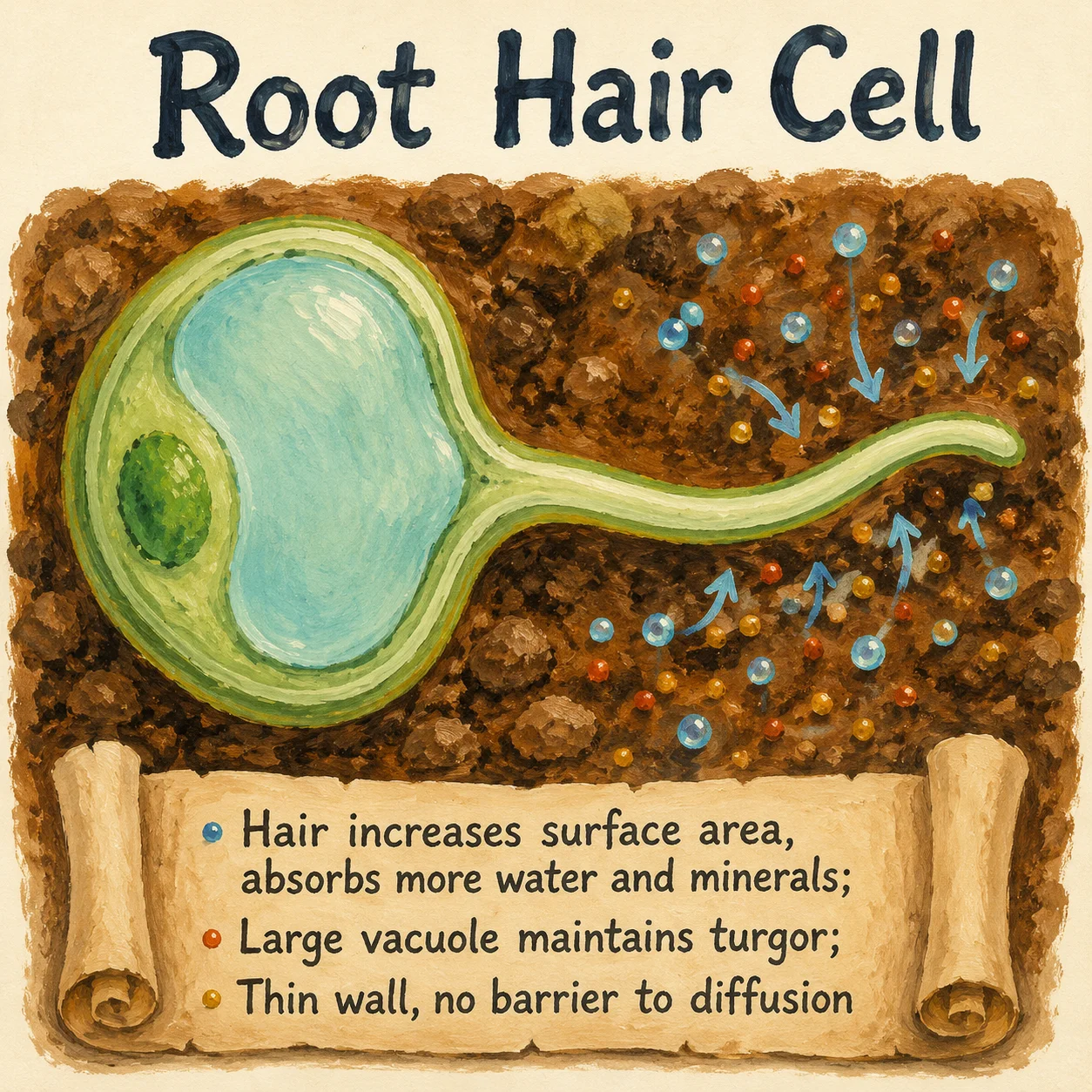 Painted root hair cell in warm-brown soil context, showing the long hair-like extension that increases surface area, large pale-teal vacuole, nucleus, and water and mineral particles in the surrounding soil being absorbed.