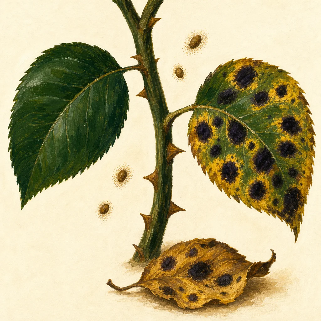Painted scene of a rose plant showing the progression of black spot fungal disease: a healthy green leaf on the left, an infected leaf on the right covered in dark spots with yellow halos, a fallen yellow-brown dying leaf below, and fungal spores drifting through the air to demonstrate airborne spread.