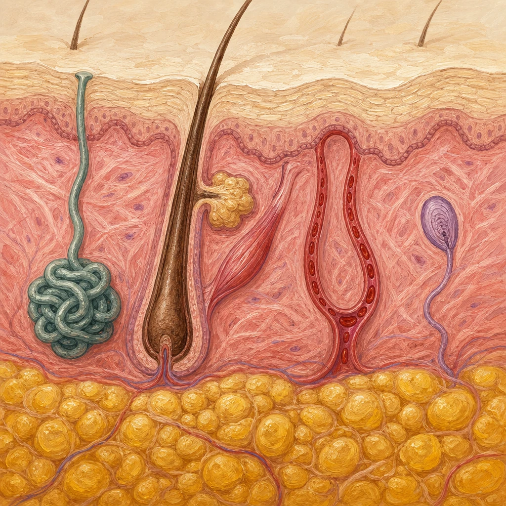 Painted skin cross-section with all anatomical structures embedded in the tissue: epidermis at top with surface hairs, sweat gland coiled tubule with duct rising to a pore, hair follicle with sebaceous gland and erector pili muscle attached, capillary loop with visible blood, temperature receptor with nerve, and honey-gold subcutaneous fat at the bottom.