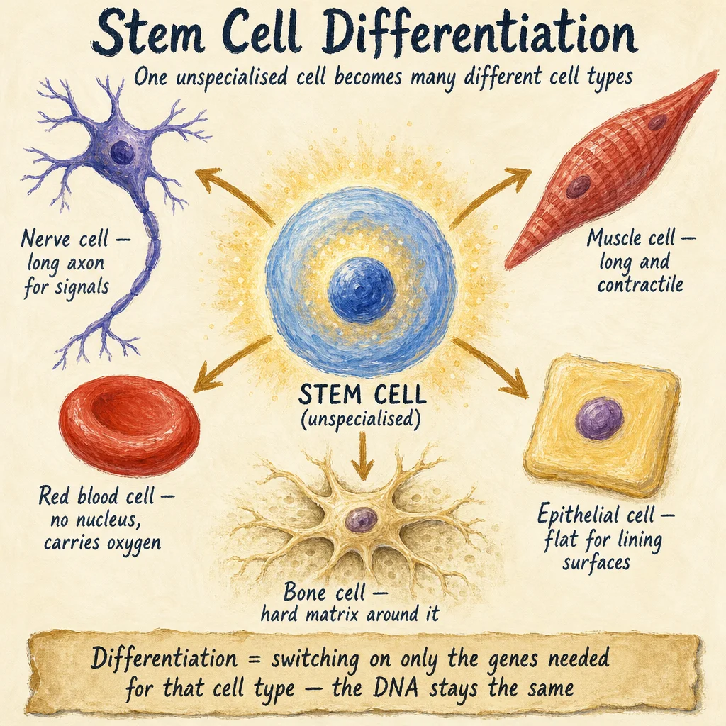Painted stem cell differentiation hub: a central pale-blue stem cell with golden glow, surrounded by painted arrows leading to multiple specialised cell types (nerve cell with axon, elongated muscle cell, biconcave red blood cell, flat epithelial cell, bone cell).