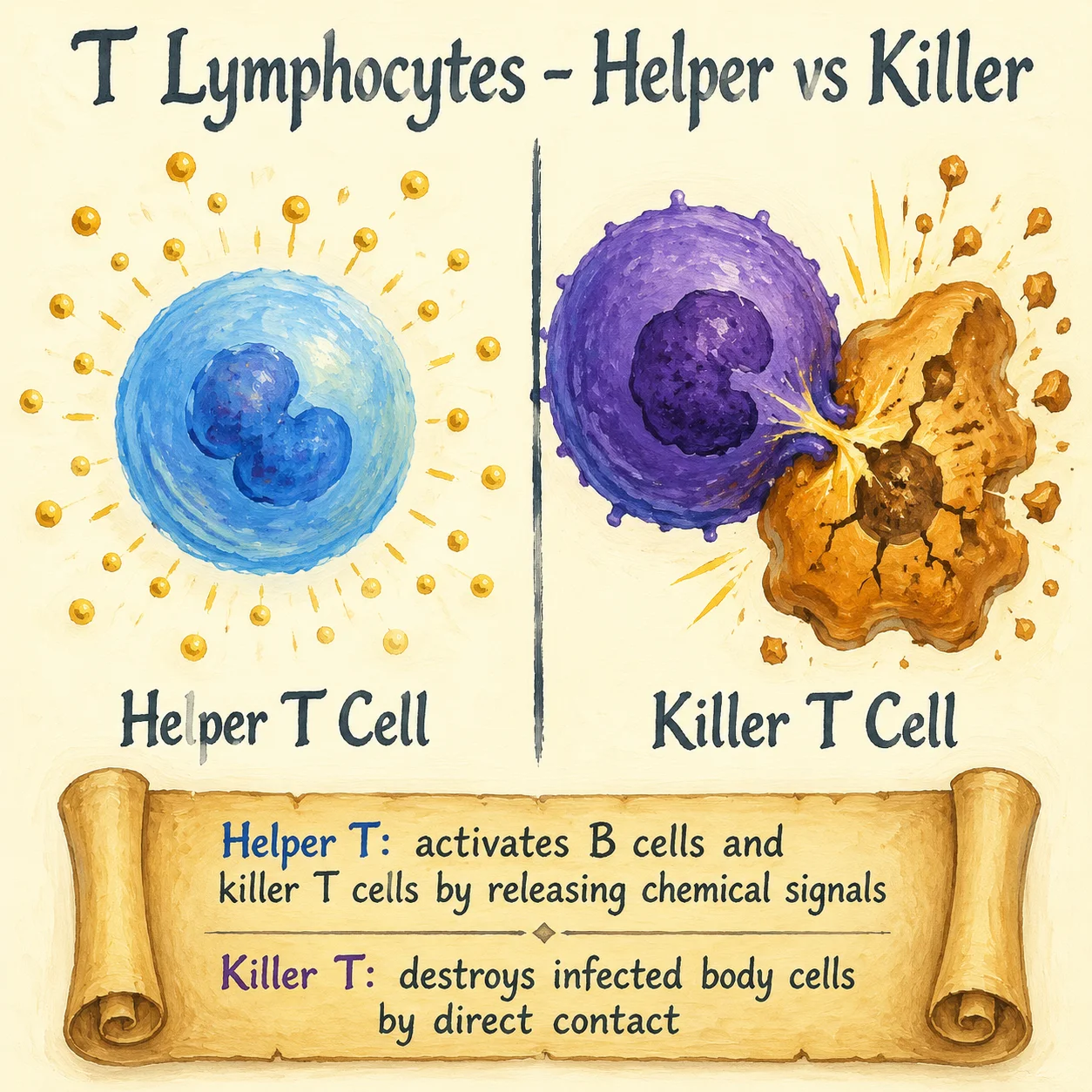 Painted comparison of two T cell types: helper T cell (sky-blue, releasing golden signalling molecules to coordinate immunity) on the left, killer T cell (deep purple, destroying an infected body cell with cracked surface) on the right.