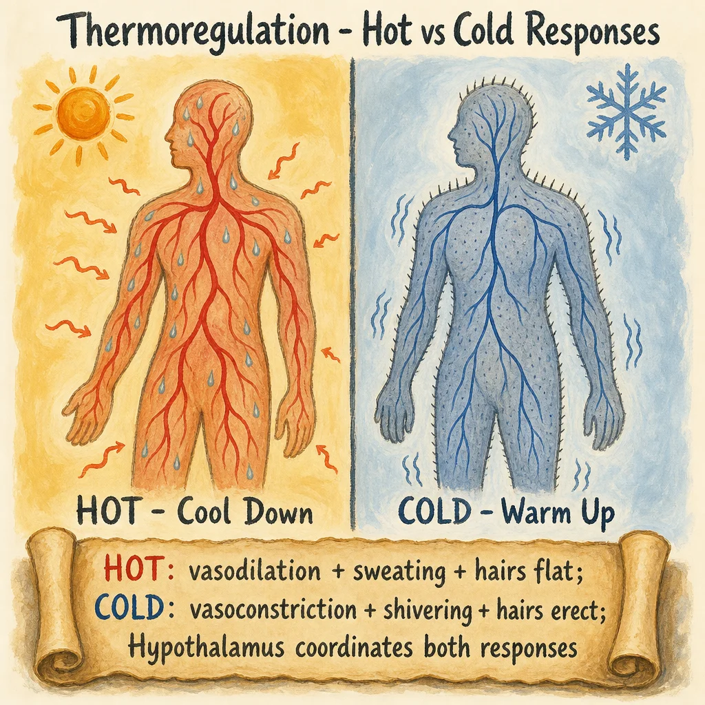 Painted side-by-side body responses to temperature: HOT (warm amber background, vasodilation with red capillaries near skin surface, sweat droplets, hair flat); COLD (cool blue background, vasoconstriction with narrow blue capillaries, erect hair / goosebumps, shivering motion lines).