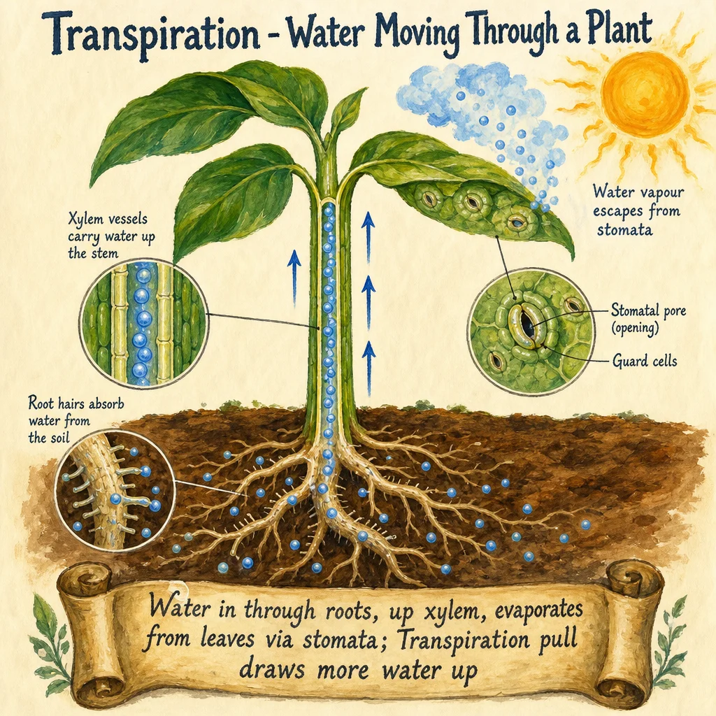 Painted full plant transpiration pathway: blue water molecules absorbed at root hairs in brown soil, flowing upward through xylem vessels in the stem, evaporating as water vapour clouds out of stomata on the leaves. Sun in upper right drives the transpiration pull.