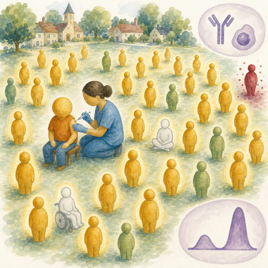 Vaccination triggers B cell response. Memory cells provide long-term protection. Herd immunity protects the vulnerable.