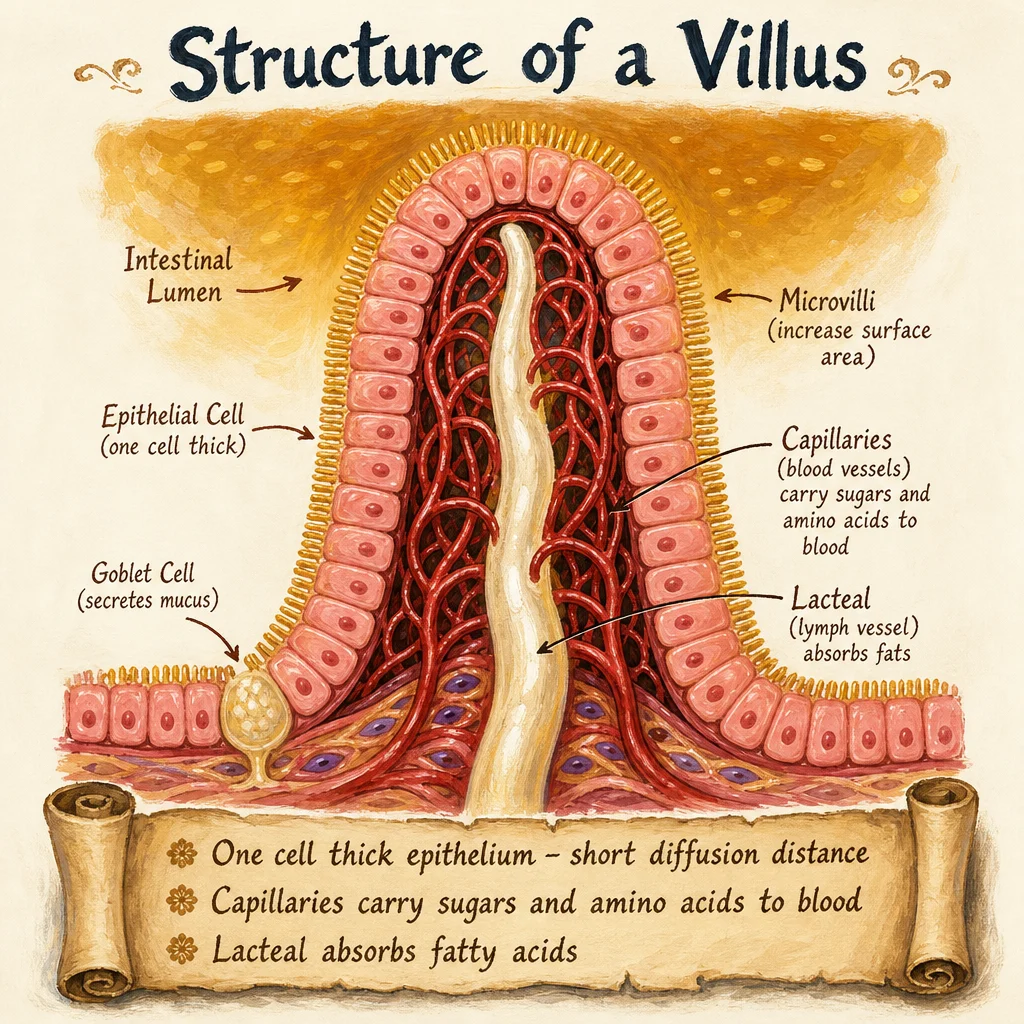 Painted cross-section of an intestinal villus showing the structures that maximise absorption: single-layer epithelium with golden microvilli, central white lacteal vessel, surrounding crimson capillary network, and goblet cell at base. Parchment notes the adaptations.