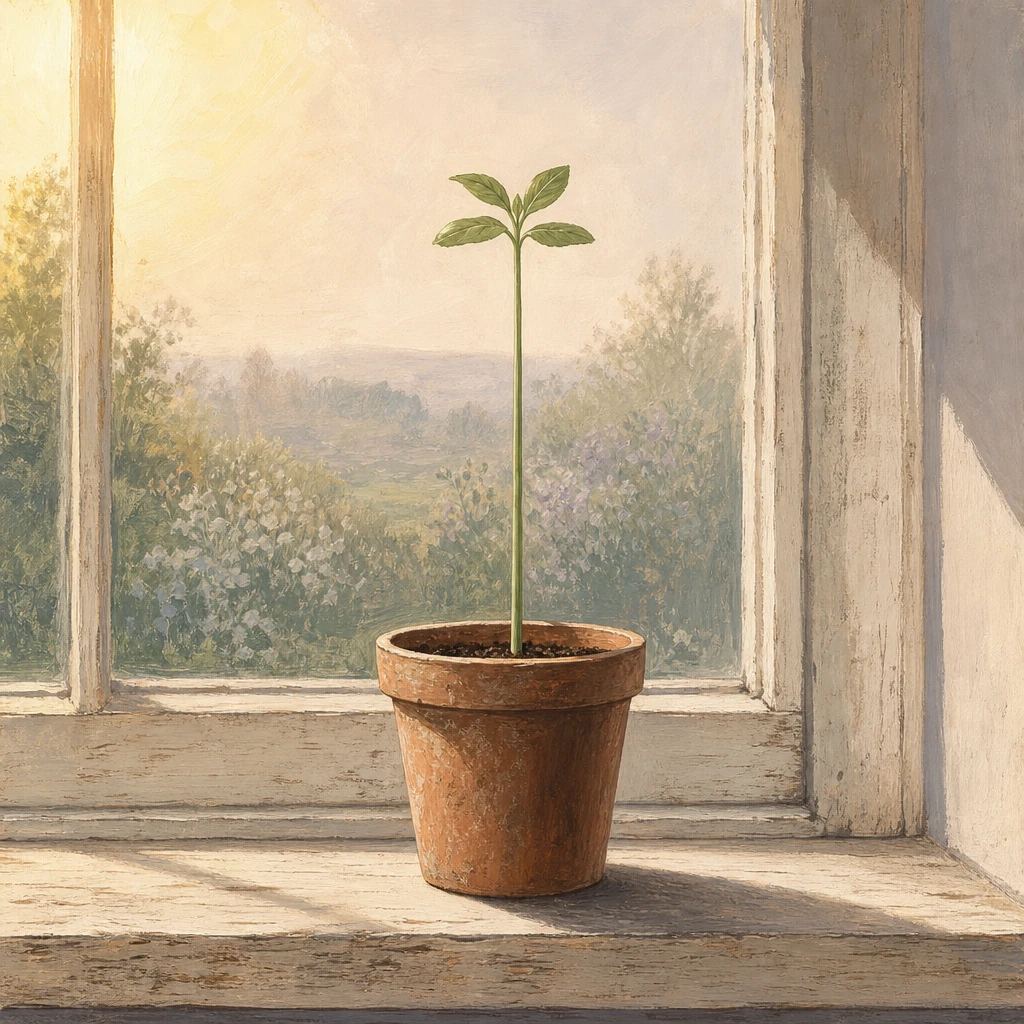 Painted seedling on a sunlit windowsill — tap any of the five labels (shoot tip, auxin accumulation, elongation zone, positive phototropism, root tip) to zoom into the mechanism step.