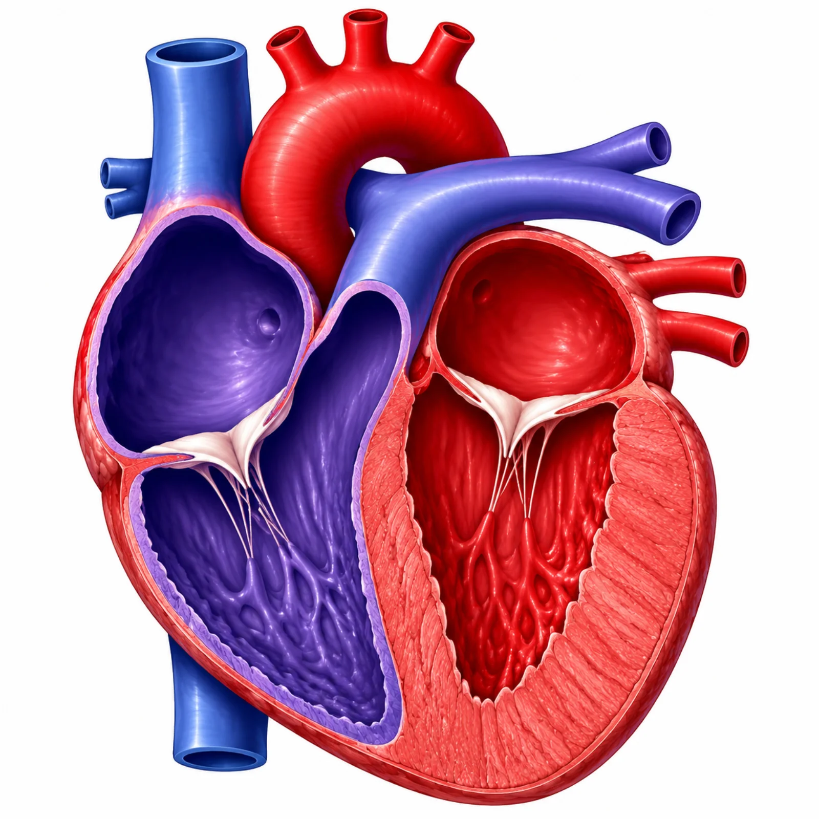 Cross-section of the human heart showing all four chambers, the aorta, pulmonary artery, and bicuspid valve