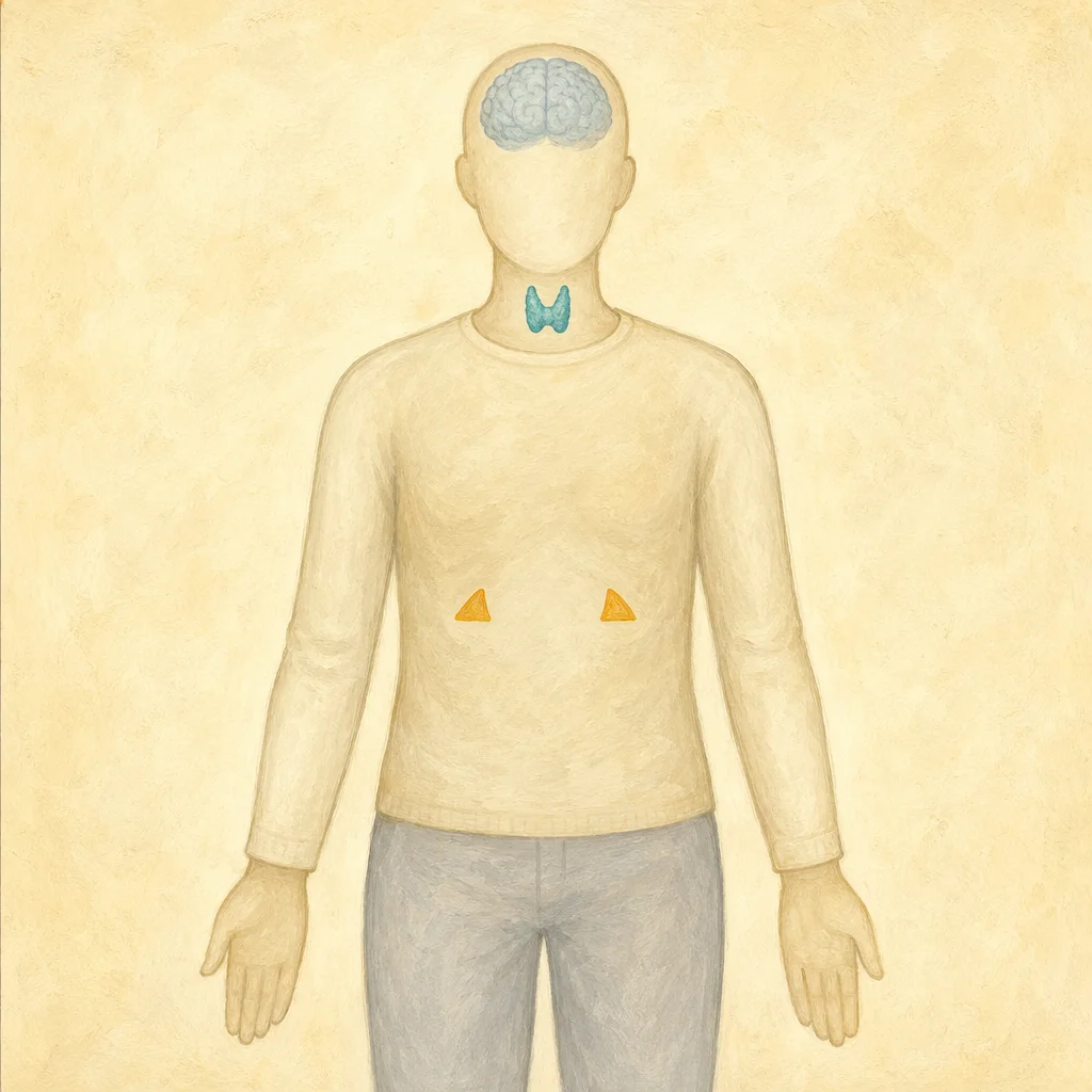 Painted human body diagram showing adrenal glands above the kidneys and thyroid gland at the throat