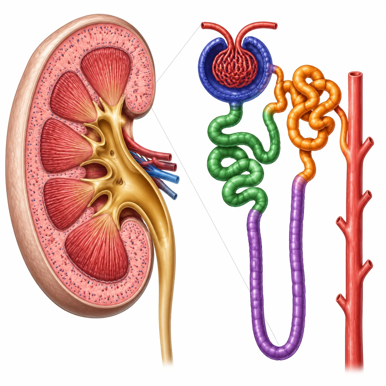 Kidney bean cross-section beside a magnified nephron showing Bowman's capsule, the kidney tubule and the collecting duct