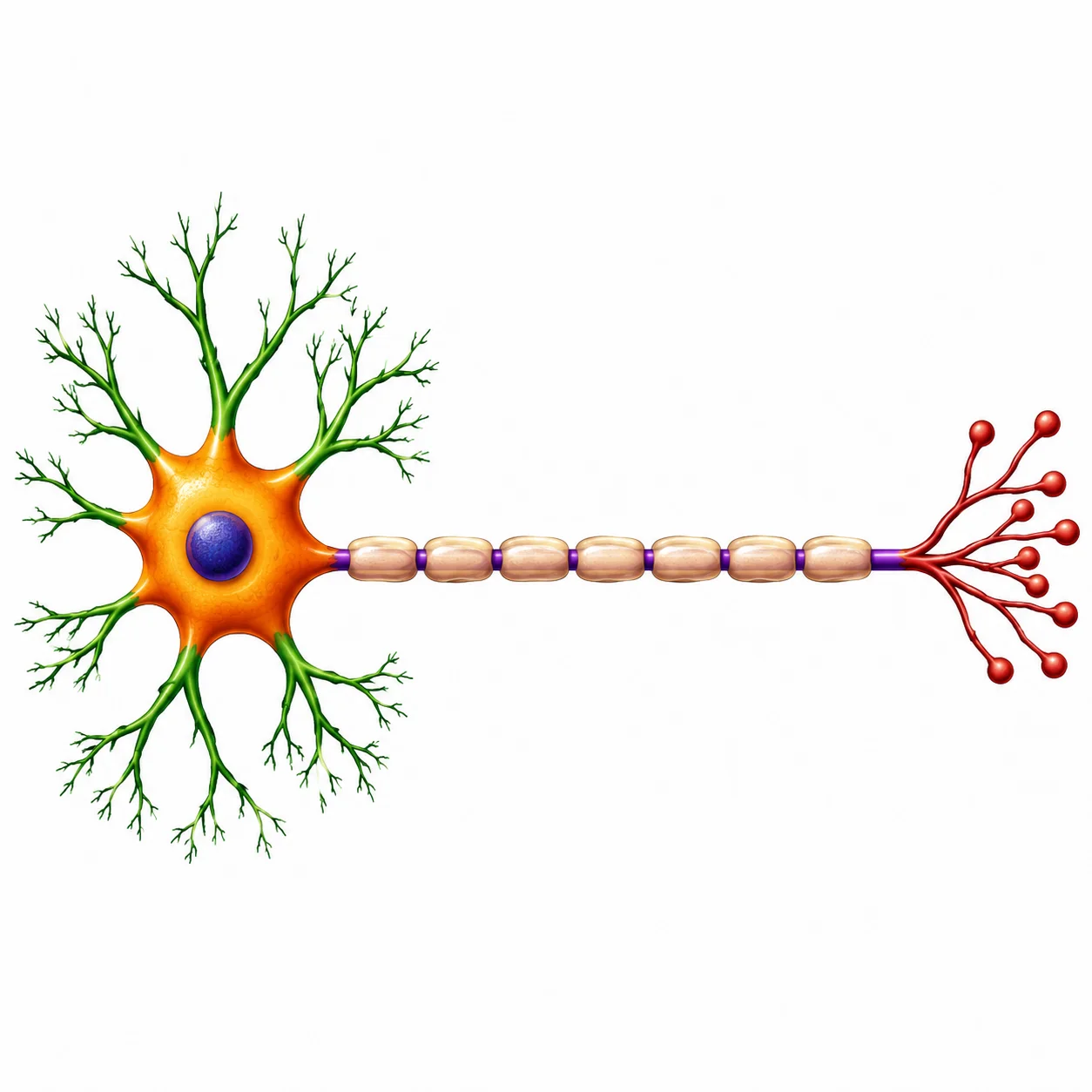 Motor neurone showing cell body with nucleus, dendrites, axon, myelin sheath segments, and axon terminals