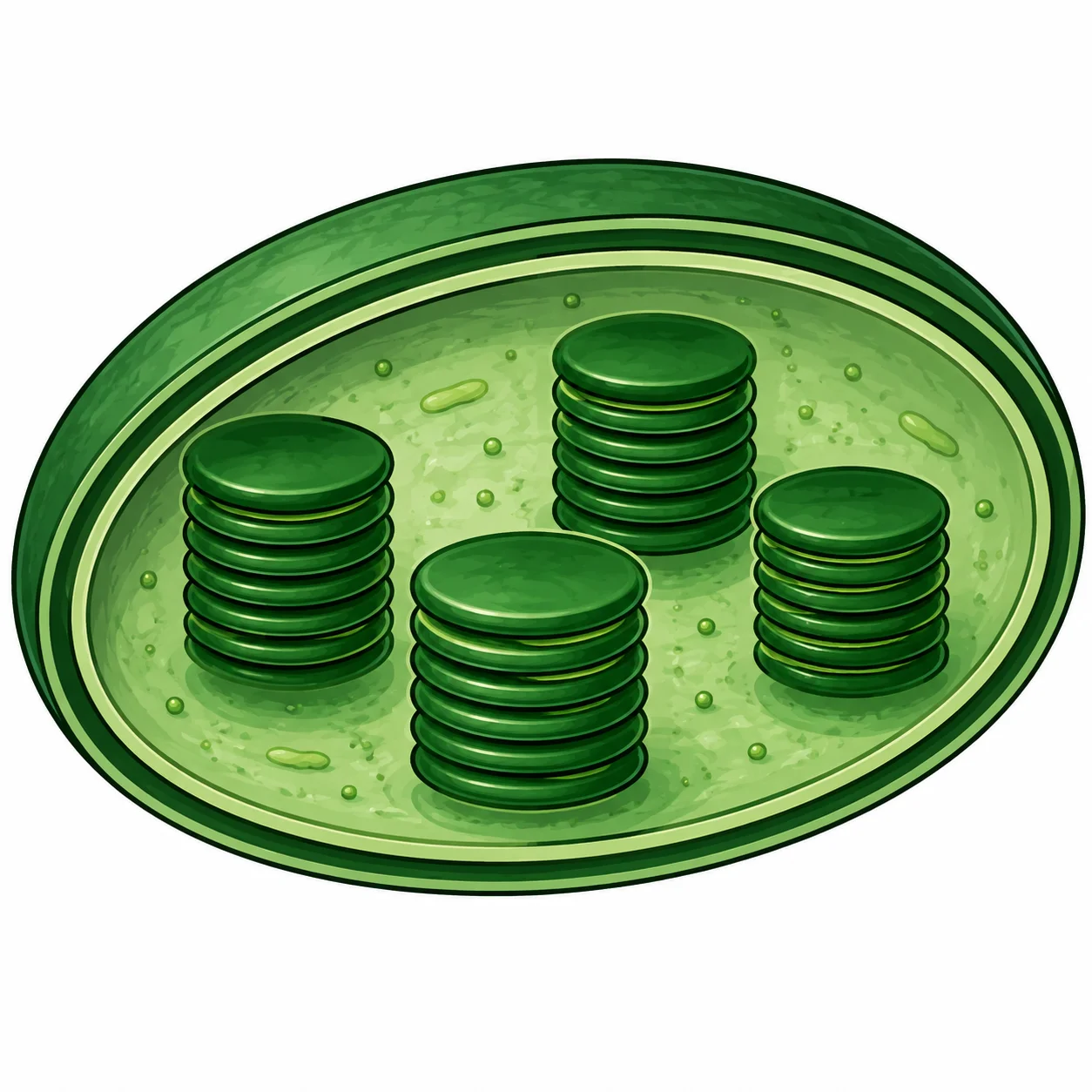 Cross-section close-up of a chloroplast showing the double outer membrane, stroma fluid, and stacks of chlorophyll-containing discs