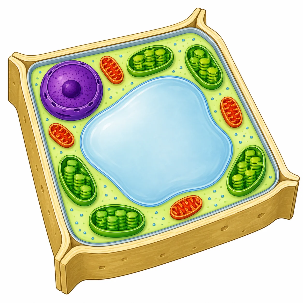Cross-section of a typical plant cell showing cell wall, chloroplasts, permanent vacuole and other organelles